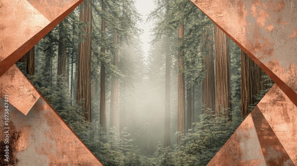 Poster a serene forest of towering redwoods enveloped in mist, framed by abstract copper shapes, creating a