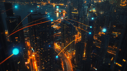 Smart digital Innovation city Business skyscrapers in the Financial District  with connection network reciprocity over the cityscape at night time of future smart wireless  social media networking 