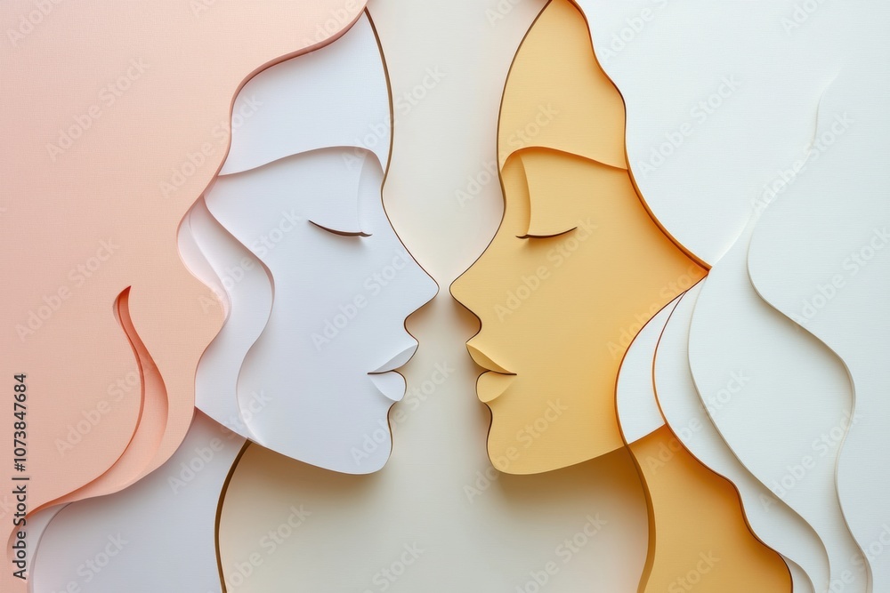 Fototapete Silhouettes of two faces in soft pastel tones represent a profound connection through communication and empathy in an artistic design. Generative AI