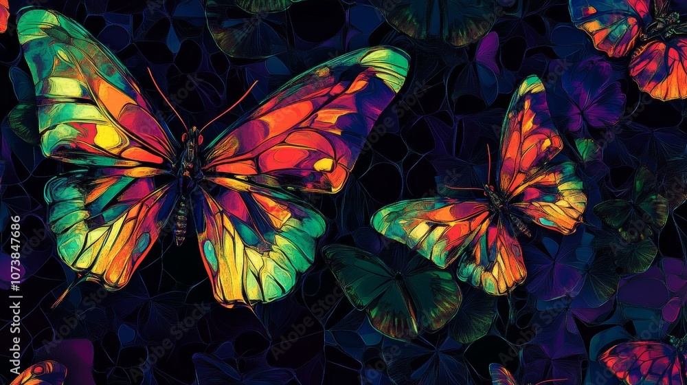 Poster an artistic image of butterflies with an explosion of vibrant colors and intricate patterns, blendin