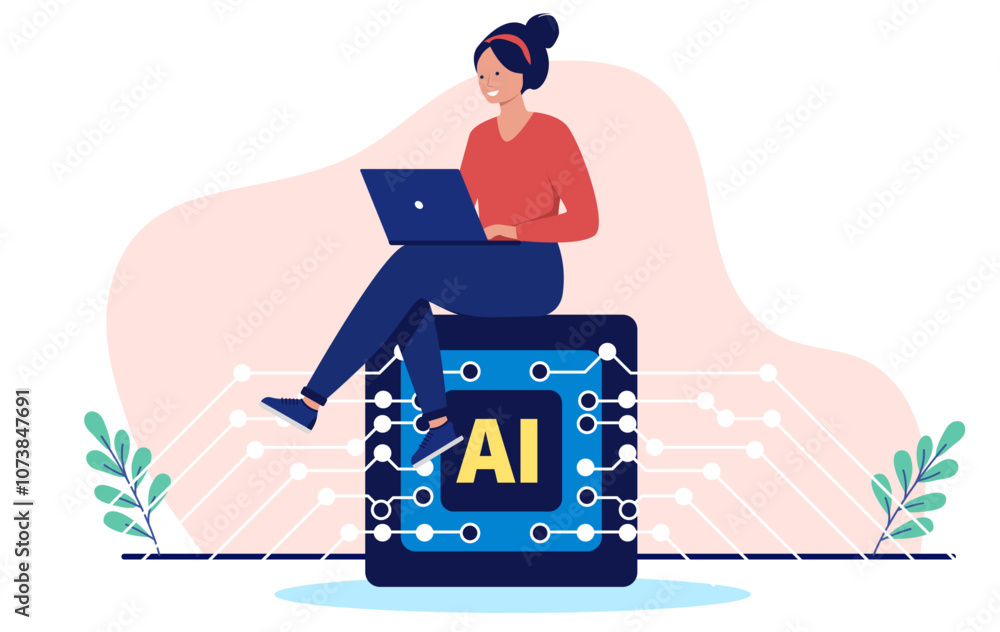 Fototapete using ai at work - woman working and writing on laptop computer with the help of artificial intellig