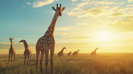 Obraz premium Group of majestic giraffes at sunset, showcasing their unique patterns against a vibrant sky.