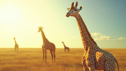 Naklejka premium A majestic giraffe stands tall in the golden light of the savanna, with other giraffes silhouetted in the background.