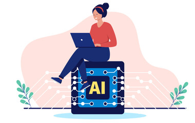 Using AI at work - Woman working and writing on laptop computer with the help of artificial intelligence assistant chip at work in office. Flat design stock illustration with white background
