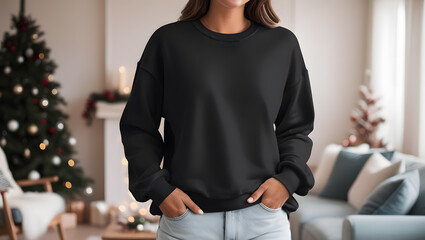 Woman wearing blank black sweatshirt. aesthetic pullover mock up with Christmas, holiday decor background