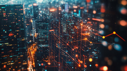 Smart digital Innovation city Business skyscrapers in the Financial District  with connection network reciprocity over the cityscape at night time of future smart wireless  social media networking 