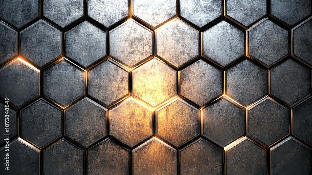 Poster intricate metallic hexagonal pattern with warm light reflecting off the surface, creating a dynamic 