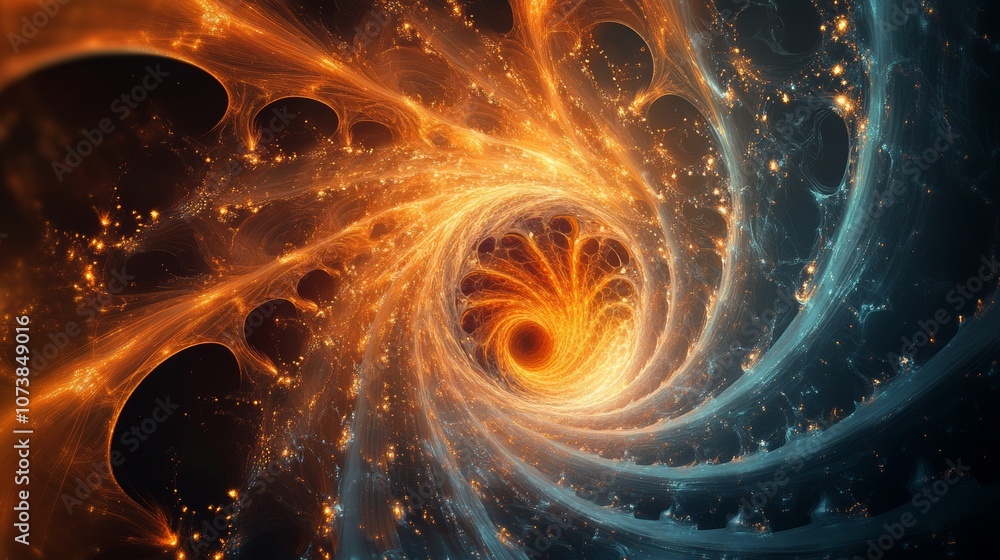 Poster a striking spiral fractal pattern with fiery orange tones against a contrasting cool blue background