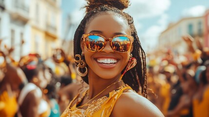 A young woman smiles brightly at the camera while attending a festival in a crowded city.