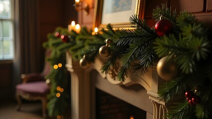 A beautifully decorated living room for Christmas, featuring a cozy fireplace and a lovely Christmas tree adorned with ornaments