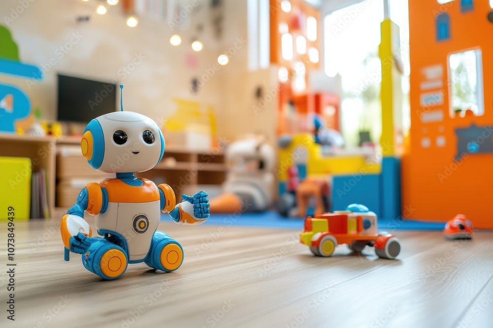 Poster Brightly colored room filled with playful robot assistants, engaging children in various activities and enhancing their learning experience. Generative AI