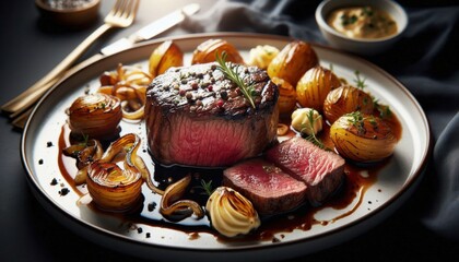 Gourmet beef tenderloin, herb butter, roasted vegetables, fine dining presentation, rich sauce, elegant plating, shallow depth of field, soft lighting, high-end restaurant cuisine, culinary artistry, 