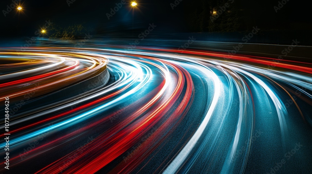 Poster image capturing the fluidity of fast-moving light trails on a dark highway, symbolizing the rush of 