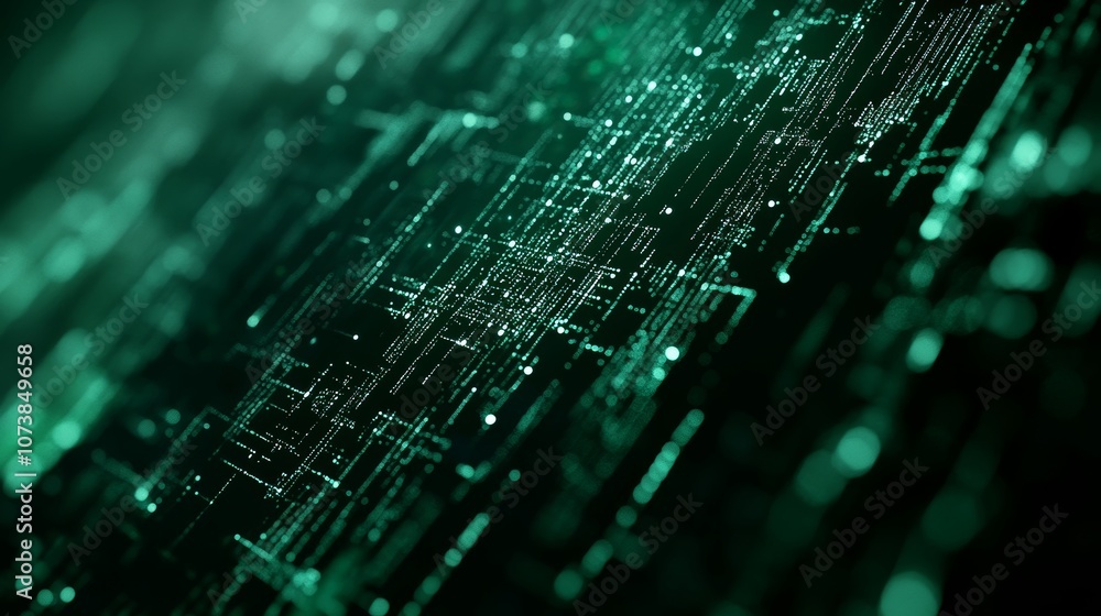 Poster futuristic image of abstract green digital circuit lines on a dark background, representing technolo