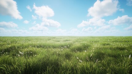Fototapeta premium A serene landscape of lush green grass under a bright blue sky filled with fluffy white clouds.