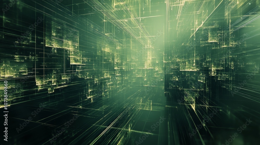 Poster artistic depiction of an innovative green digital structure with abstract patterns, symbolizing adva