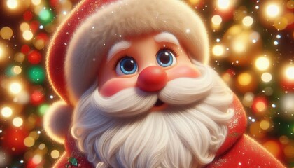 Santa Claus portrait, jolly expression, twinkling eyes, rosy cheeks, white fluffy beard, red Santa hat, magical glow, starry background, hyper-realistic digital art, festive atmosphere, close-up view,