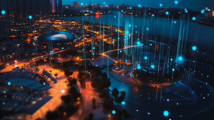 Fototapeta premium Smart digital Innovation city Business skyscrapers in the Financial District with connection network reciprocity over the cityscape. of future smart wireless digital city and social media networking 