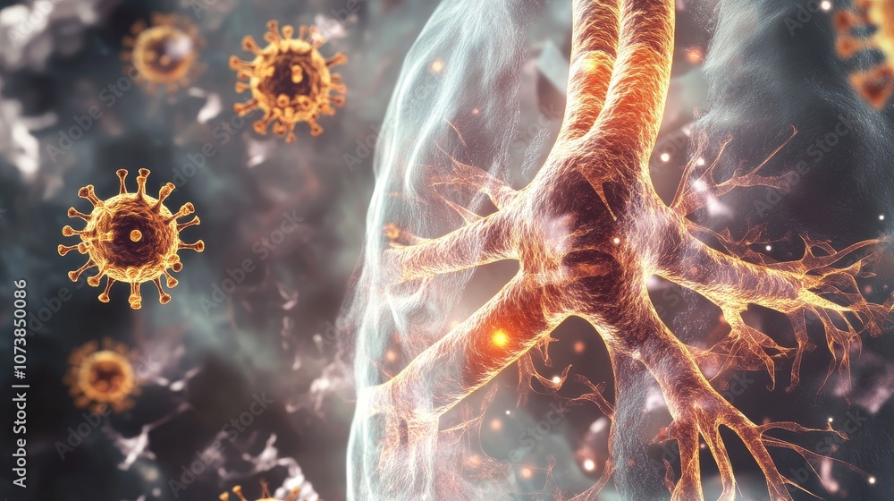 Poster detailed visualization of lung-like structures with viruses, exploring biological interactions and h
