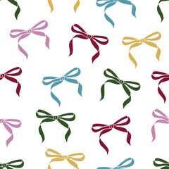 Cute colorful ribbon bows pattern  on a white background. Seamless vector illustration for textile, wallpaper, gift wrapping, and festive decor design.