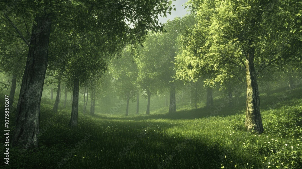 Poster lush green forest with sunlight filtering through the leaves, creating a serene and tranquil atmosph
