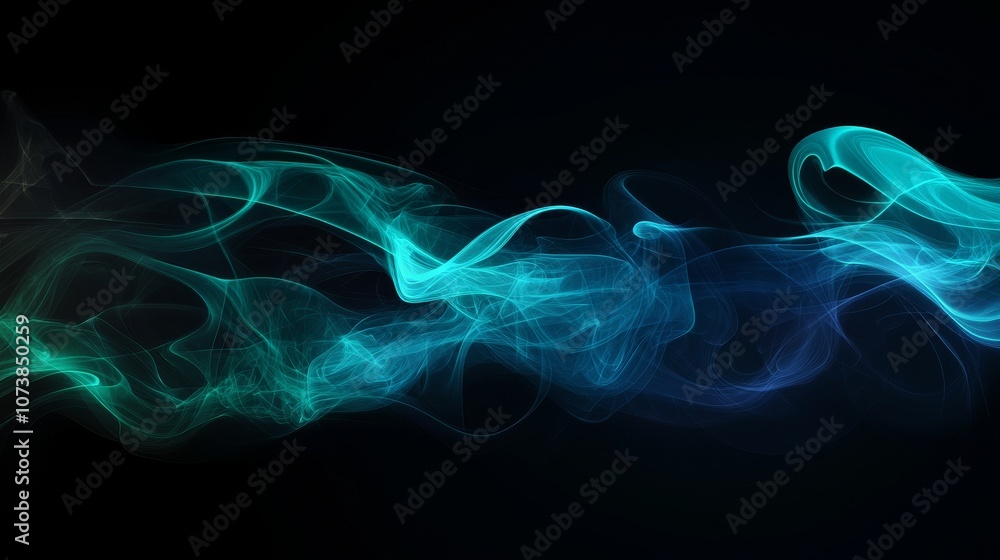 Poster this image showcases a vibrant abstract swirl of blue and green smoke-like patterns against a dark b