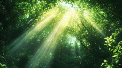 Sunlight streams through lush green foliage in a serene forest, creating a tranquil and refreshing atmosphere.