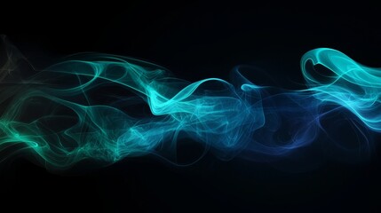 This image showcases a vibrant abstract swirl of blue and green smoke-like patterns against a dark backdrop, presenting a dynamic and ethereal visual experience.