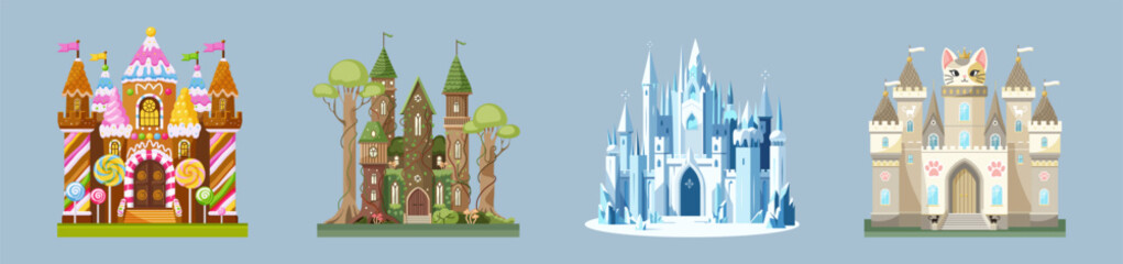Four unique cartoon castles with different styles on a soft blue background. Vector illustration © GN.STUDIO