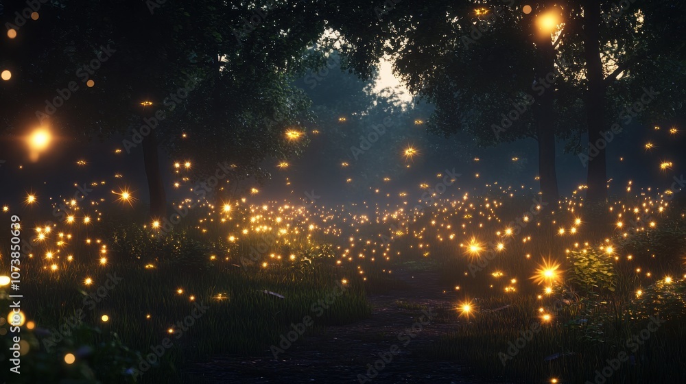 Poster a magical twilight scene featuring glowing orbs in a serene forest pathway, creating an enchanting a