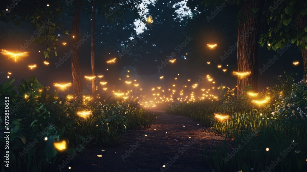 Poster a tranquil forest at twilight, illuminated by glowing fireflies creating a magical atmosphere.