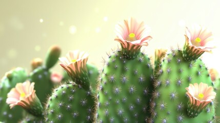 Fototapeta premium Close-up of vibrant green cactus with delicate pink flowers blooming in soft, dreamy light.