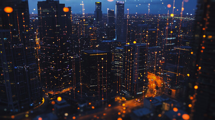 Fototapeta premium Smart digital Innovation city Business skyscrapers in the Financial District with connection network reciprocity over the cityscape. of future smart wireless digital city and social media networking 