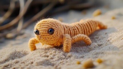 Obraz premium An intricately crafted crochet toy scorpion in a dusty orange hue, resting on a sandy background, showcasing a blend of artistry and imaginative playfulness.