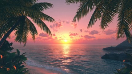 A breathtaking sunset over a tranquil ocean, framed by lush palm trees and soft clouds in the sky.