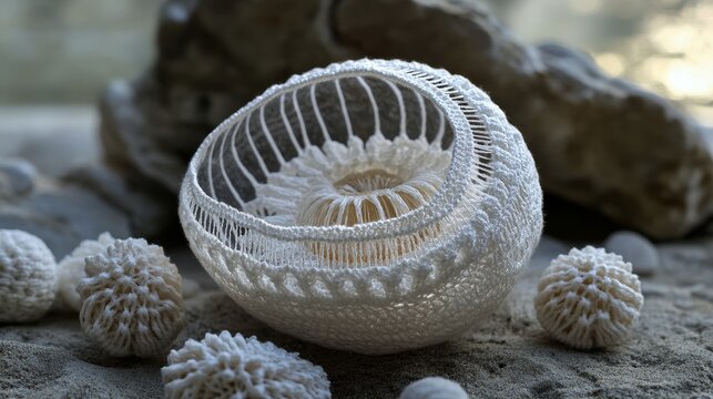 A beautiful, intricately crocheted spherical structure rests delicately on a sandy surface, surrounded by small crocheted spheres and a rock backdrop.