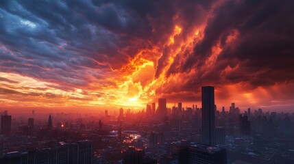 Stunning sunset over a bustling city skyline with dramatic clouds and warm colors.