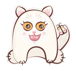 Cute groovy monster sticker, white cat playing with a butterfly, vector character, hippy and trippy avatar, trendy funky illustration