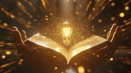 Illuminating Inspiration - 3D Render of Person Holding Light Bulb Above Open Book with Rays of Light, Power of Ideas Concept