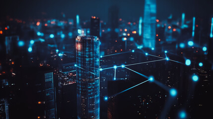 Fototapeta premium Smart digital Innovation city Business skyscrapers in the Financial District with connection network reciprocity over the cityscape. of future smart wireless digital city and social media networking 