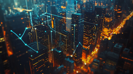 Fototapeta premium Smart digital Innovation city Business skyscrapers in the Financial District with connection network reciprocity over the cityscape. of future smart wireless digital city and social media networking 