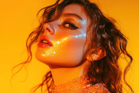 A woman poses against a vibrant yellow background, showcasing sparkling makeup and a confident expression in the evening light. Generative AI