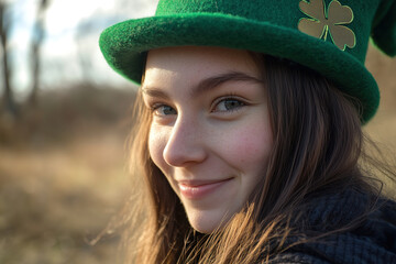 Fototapeta premium Young woman wearing a green hat with a shamrock enjoying the outdoors during a sunny day in early spring. Generative AI