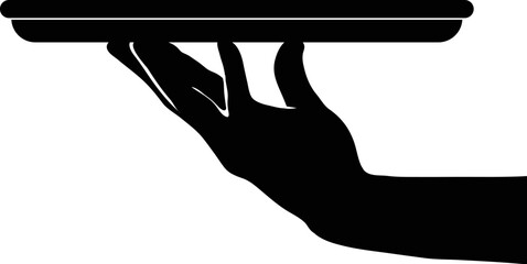 Vector human hand holding a tray isolated on white background. Restaurant or cafe icon. Waiter's hand with a tray. Serving food icon