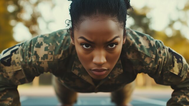 African american female soldier in camouflage performing push-ups outdoors with determination - Powered by Adobe