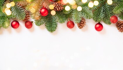 Illustrated mockup, Christmas theme border, with free space for text. White plane background, fir tree branches on the upper side, red christmas balls.