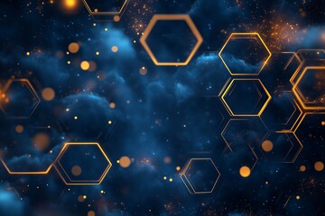 An abstract geometric composition of dark blue hexagons with golden accents