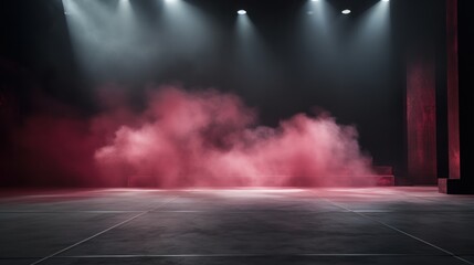 Empty dark stage, neon lights and spotlights. A concrete floor and a smoke-filled studio room raise the texture of the interior for product demos