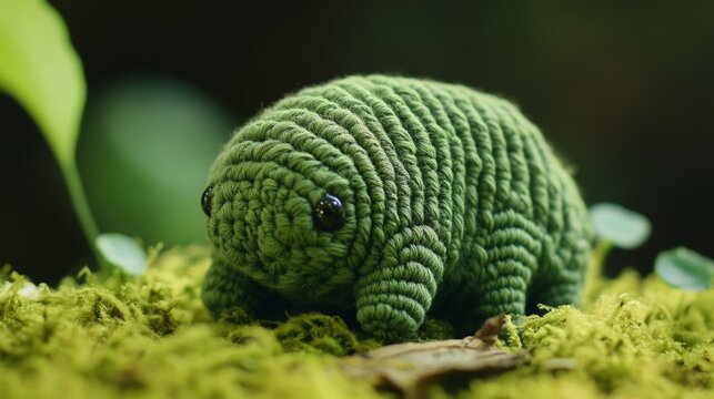 A crocheted tardigrade rendered in rich green yarn rests on a plush bed of moss, capturing the beauty of microscopic life through detailed craftsmanship.