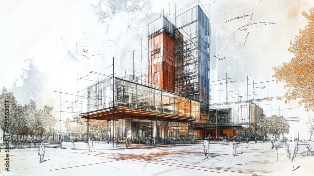 Poster this architectural sketch illustrates a modern urban building design with transparent glass facades 